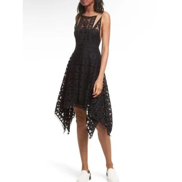 Free People Just Like Honey Black Lace Dress 2 Handkerchief Hem Open Back Midi