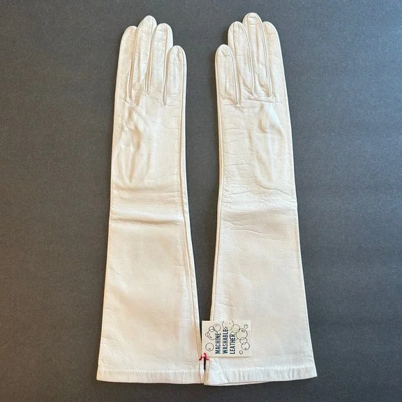 Vintage White French‎ Kid Skin Leather Gloves  Washable NOS