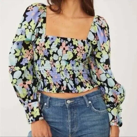 Free People Ariana Blouse Smocked Floral Retro Combo Size S Womens NEW W/out Tag