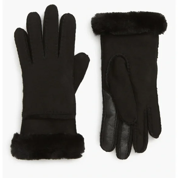 UGG Seamed Touchscreen Compatible Genuine Shearling Gloves black  $178 NEW