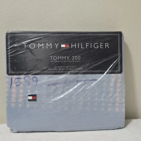 Vintage 90s Tommy Hilfiger Sky‎ Blue Queen Flat Sheet Cotton New