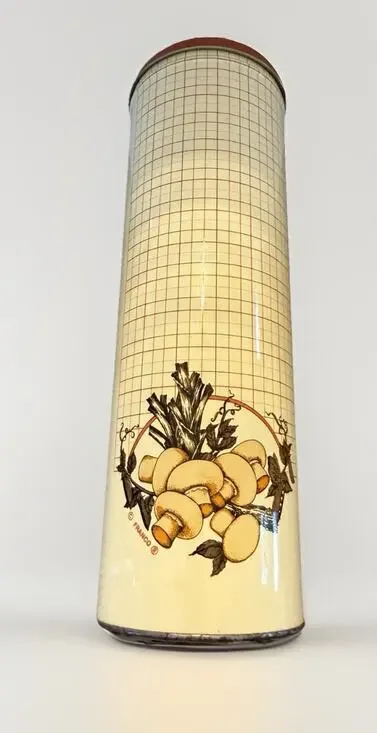 Vintage 1970s Franco Mushroom Cylinder Round Tall Tin Can Canister 11”x3.5”