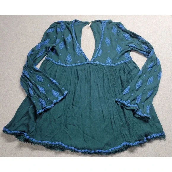 Free‎ People  Tunic Blouse XS Green Embroidered Blue Boho Peasant Long Sleeve