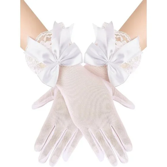 Women's Evening White Elegant Short Lace Bow Gloves Party Wedding Accessories