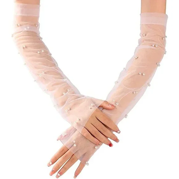 Women's White Long Tulle Pearl Long Sleeves Gloves Bridal Party Prom Costumes