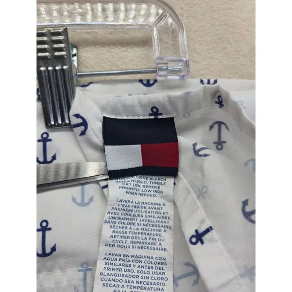 Tommy‎ Hilfiger Queen Size Flat Bed Sheet White Blue Anchor Print