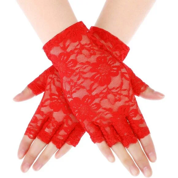 Women's Red Floral Short Lace Gloves Sunblock Fingerless Bridal Opera Party Tea