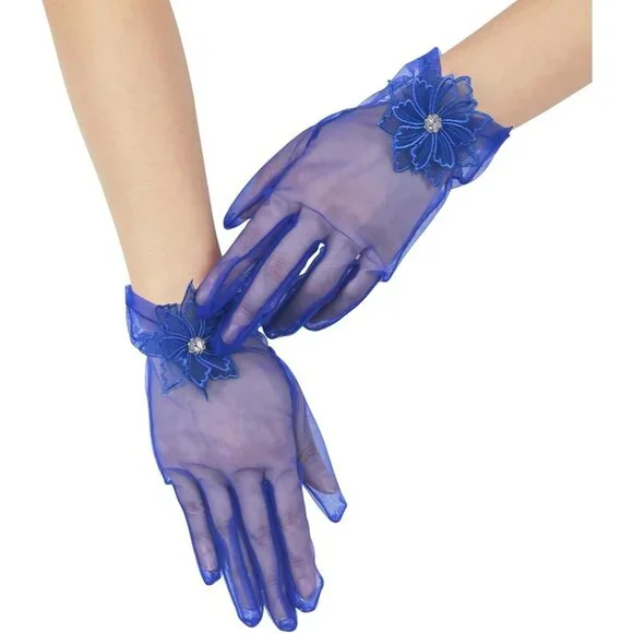 Women's Evening Dark Blue Mesh Lace Short Gloves Wedding Bridal Tea Party Prom