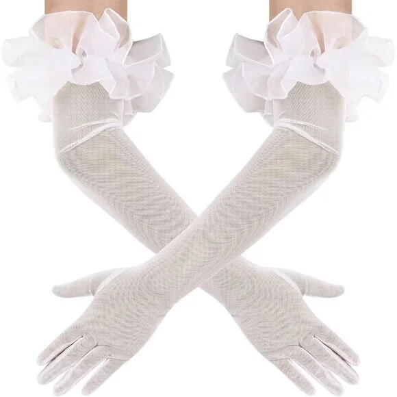 Women's Long Ivory Ruffle Puff Cuff Sleeve Mesh Gloves Wedding Party Costume