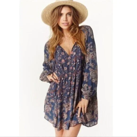 Free People Blue Floral Bohemian Mini Dress