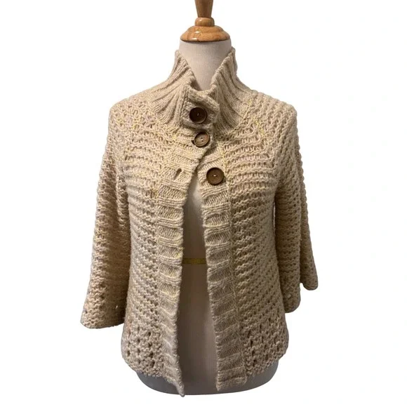 Free People Chunky Knit Cardigan Cream Gold Metallic‎ Funnel Neck Wood Buttons