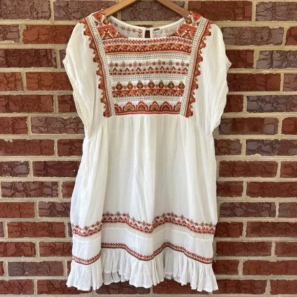 Free People Sunrise Wanderer Mini Dress Women's S Floral Embroidered Gauze Sheer