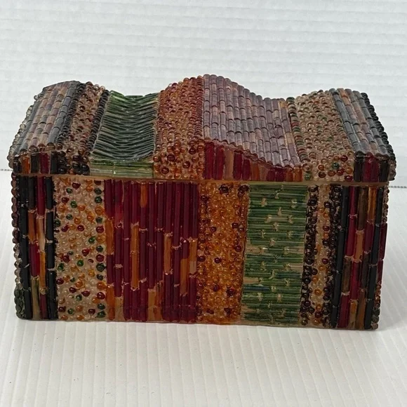Vintage Beaded Box - Jewelry Trinket Box - Colorful Beads & Cylindrical Pieces