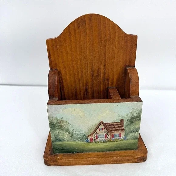 Wooden Note & Pen Holder Hand Painted Cottage Scene Desk Organizer VTG Country