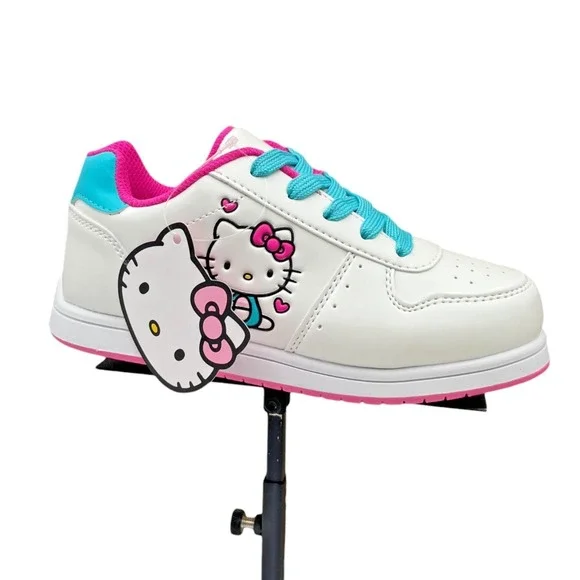 Hello Kitty Youth Big Girls Court Sneakers Size 3 White Aqua Pink Casual Lace-Up