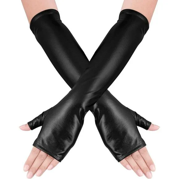 Women's Long Metallic Shiny Fingerless Gloves Black Party Halloween Costume