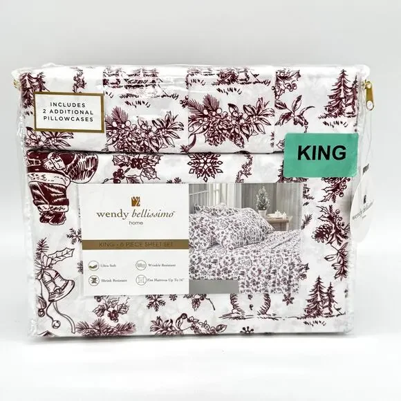 Wendy Bellissimo 6pc KING Santa Snowman Bells Red Winter Christmas Sheet Set NEW