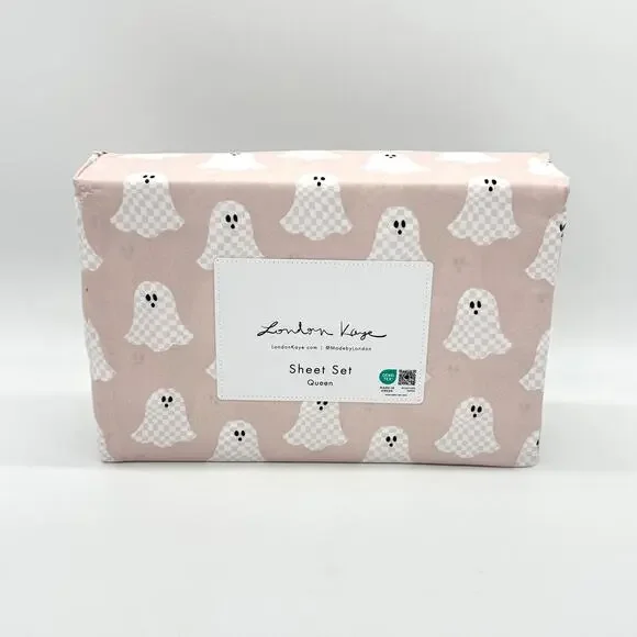 London Kaye Pink & White Checkered Ghost QUEEN Size Halloween Sheet Set New
