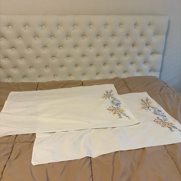 Vintage White and Blue Hand Embroidered Pillowcases Butterflies Set of 2