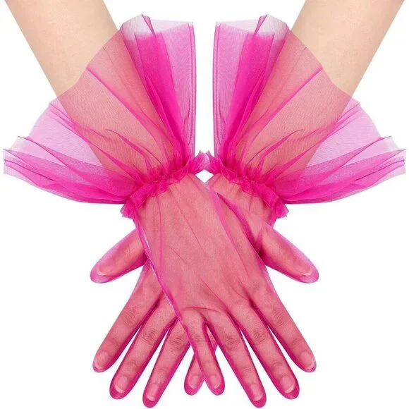 Women's Puffy Ruffle Hot Pink Tulle Sheer Mesh Party Prom One Size Short Gloves