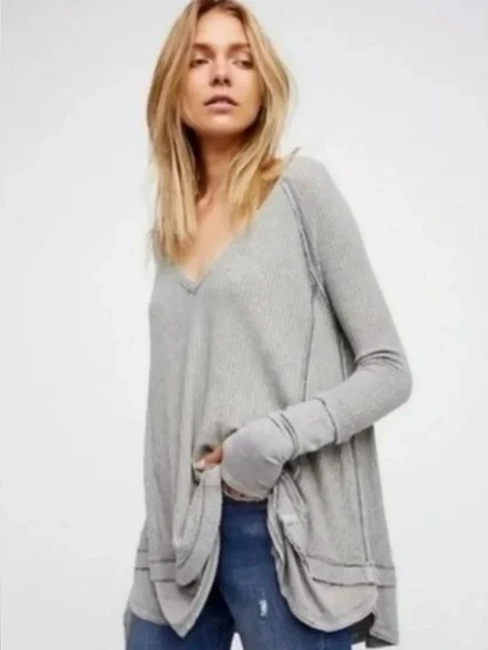 Free People Laguna Waffle Knit Thermal Top Raw Hem Oversized Layered Sz X-Small