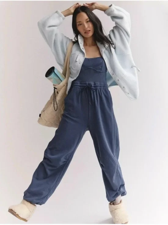 Free People Navy Blue Drawstring Track Jumpsuit