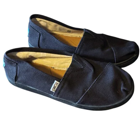 Toms Classics Black Canvas Youth Girls Slip On Casual Flat‎ Shoes sz 3.5