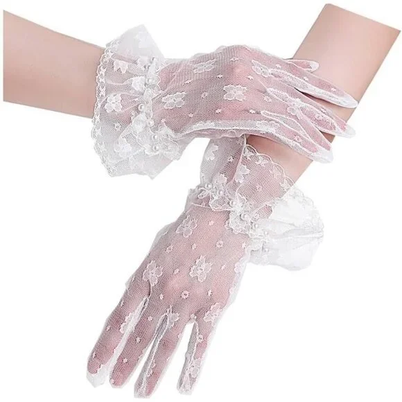 Women's White#2 Evening Short Bow Pearls Lace Ruffle Gloves Wedding Party Prom