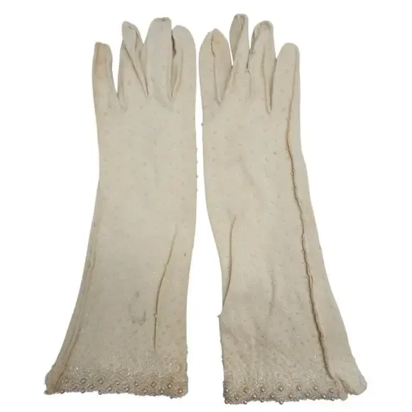 Vintage 50s‎ Cream Beaded Coat-Length Gloves Glam Formal Coquette Vintage Luxe