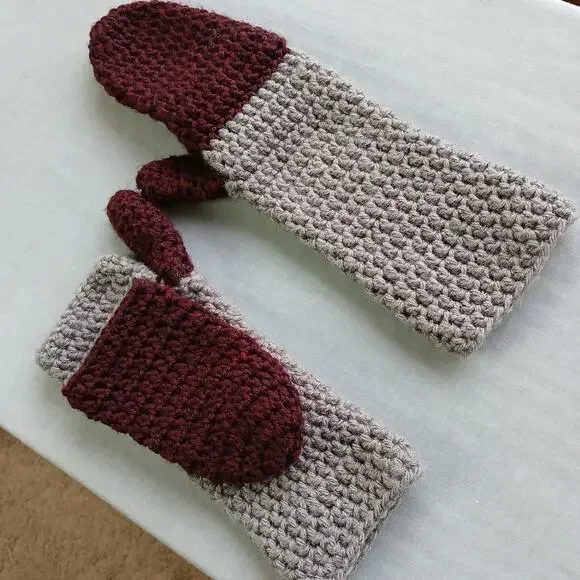 Convertible Crochet Fingerless Mitten Gloves adult size two-tone neutral premade