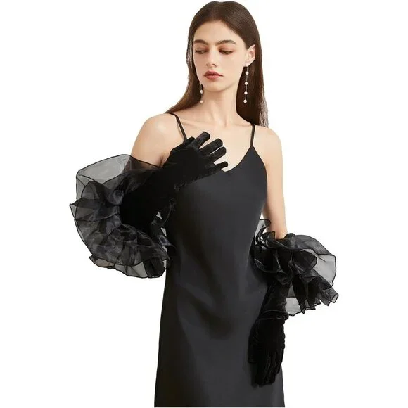 Women's Velvet Black 50cm Satin Tulle  Puff Long Gloves Banquet Wedding Party