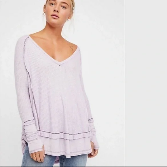 FREE PEOPLE LAGUNA THERMAL WAFFLE & JERSEY TOP WITH THUMBHOLES OVERSIZED