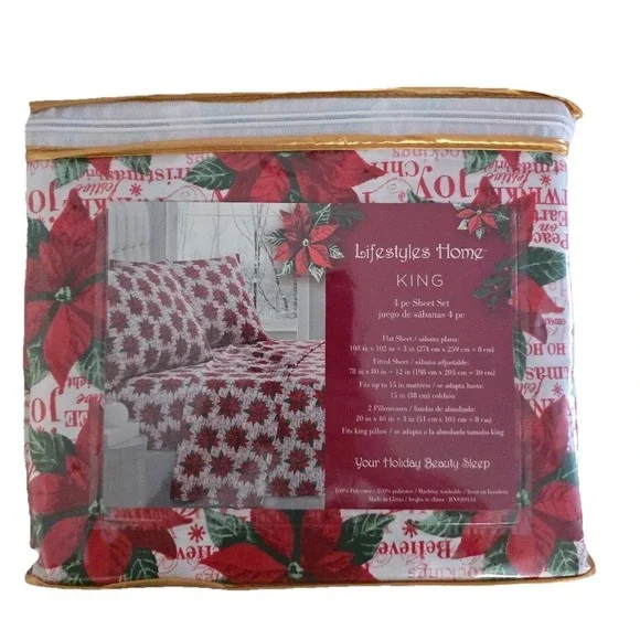 Lifestyles Home King Sheet Set Red White Floral‎ Christmas Holidays 4pc NEW