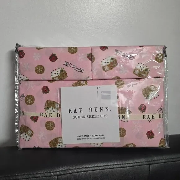 Rae Dunn Sweet Holiday Queen Sheet Set Pink Gingerbread Christmas Bedding NEW