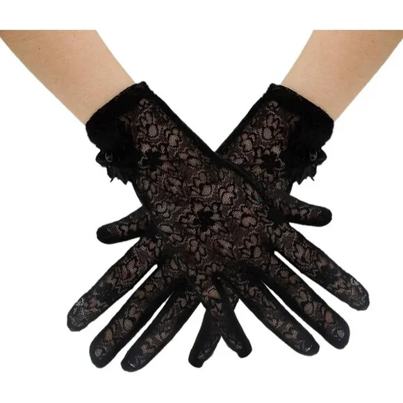 Women's Embroidery Black Short Lace Wrist Gloves Design Party Accessories