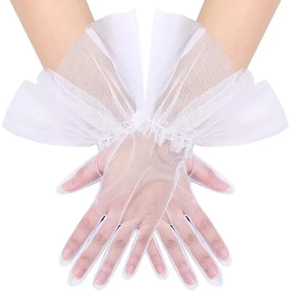 Women's Puffy Ruffle White Tulle Sheer Mesh Party Prom One Size Short Gloves