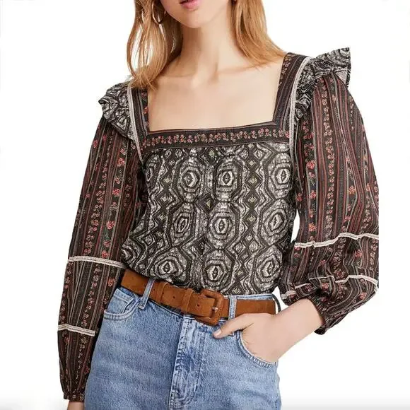 Free People Mostly Meadow Blouson-Sleeve Top - Boho - Size Large