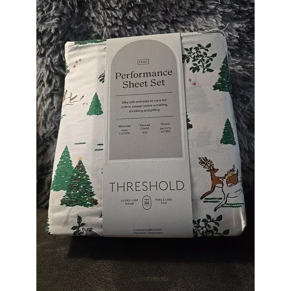 FULL  400 Thread Count‎ Performance Holiday Sheet Set Green Holly - Threshold
