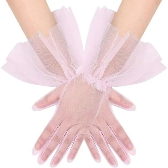 Women's Puffy Ruffle Pink Tulle Sheer Mesh Party Prom One Size Short Gloves