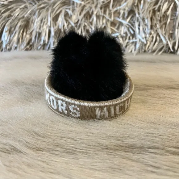 MICHAEL KORS (not outlet!) Black Fur Earmuffs Logo Tan Lettering on Headband