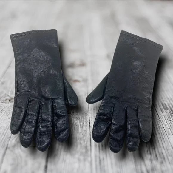 Vintage Y2K Black Short Leather Warm Driving Gloves Fleece Lined Sz M