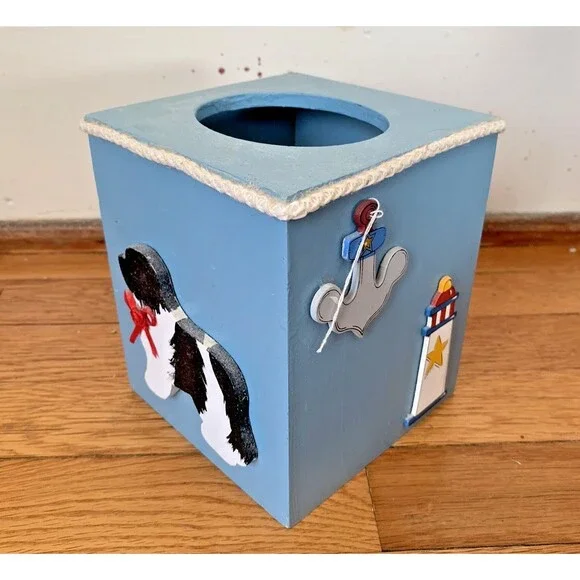 Wooden 3D Tissue Box Ocean Beach Theme Dog Lighthouse 5.5” Cute