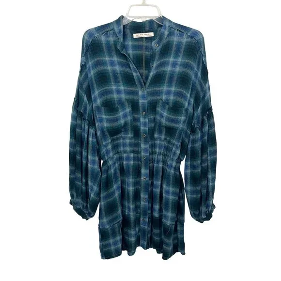 Free People By The Way Navy Plaid Long Sleeve‎ Mini Shirt Dress Grunge - Size XS