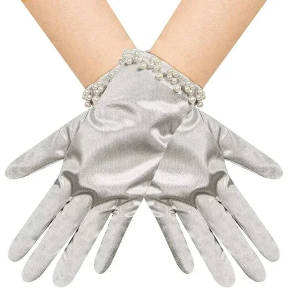 Women's Silver Satin Pearl Short Length Wrist Gloves Wedding Banquet Party Prom