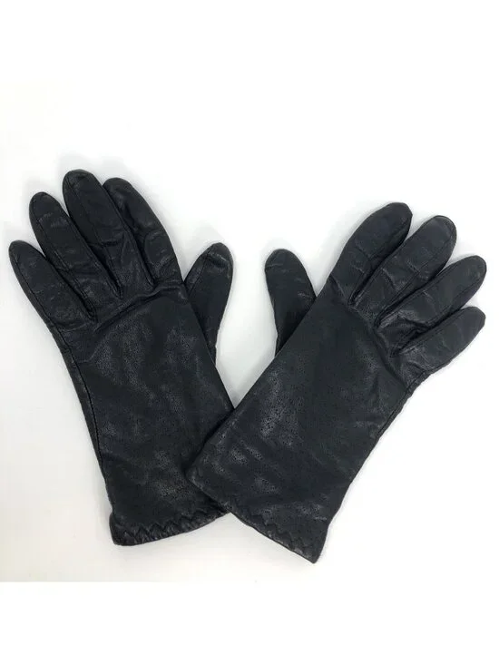 Leather Gloves Womens Medium Black Knit Lining Winter Supple Perforated Casual