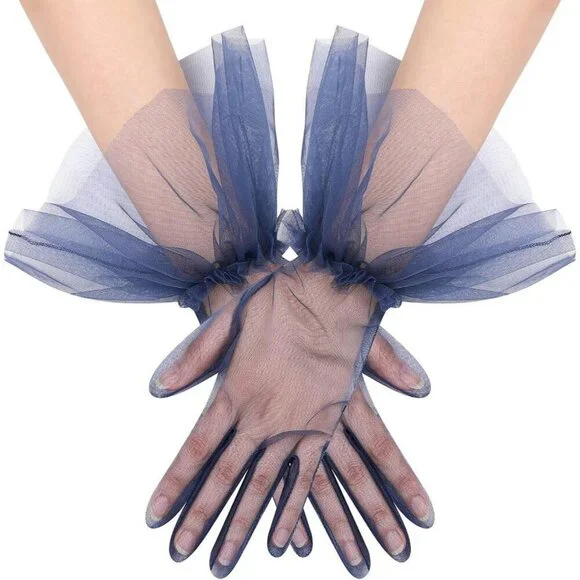 Women's Puffy Ruffle Navy Tulle Sheer Mesh Party Prom One Size Short Gloves