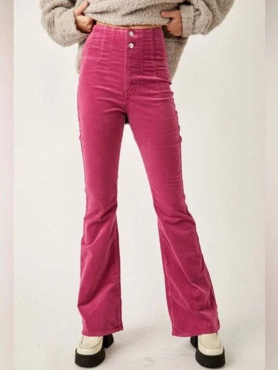 Free People We The Free Jayde High Rise Corduroy Flare Pants Magenta Pink