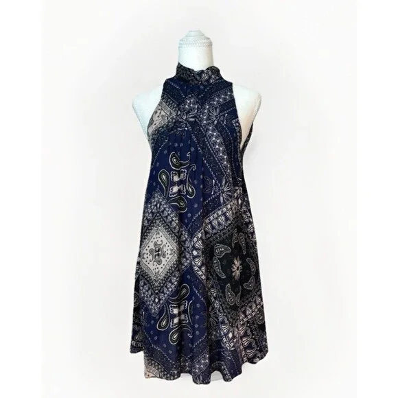 Free People Intimately Beaux Bandana Print Swing Dress Blue Open Back Mini Small