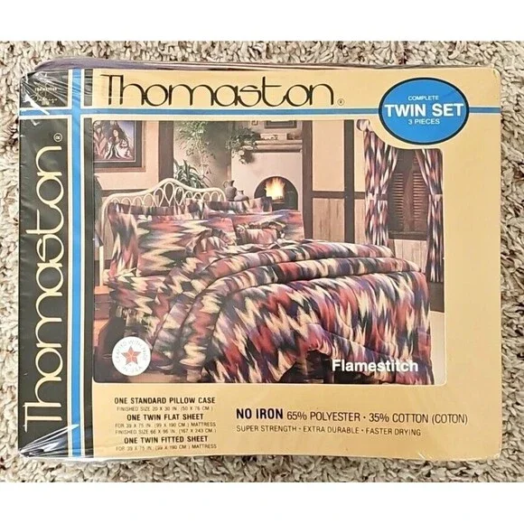 Vtg Thomaston Flamestitch Twin Sheet Set Southwestern Bedding Ranch Dorm USA