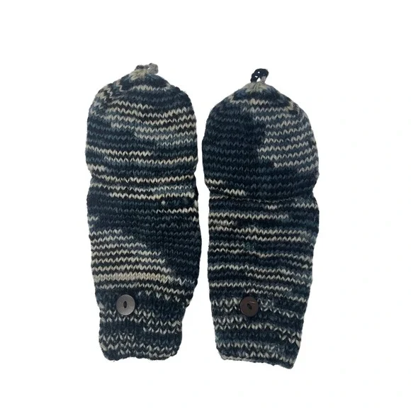 Wool Blue Marled Knit Convertible Flip Top Mittens Fleece‎ Lined Glittens